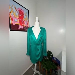 Satin Turquoise Mini Dress with Long Sleeves